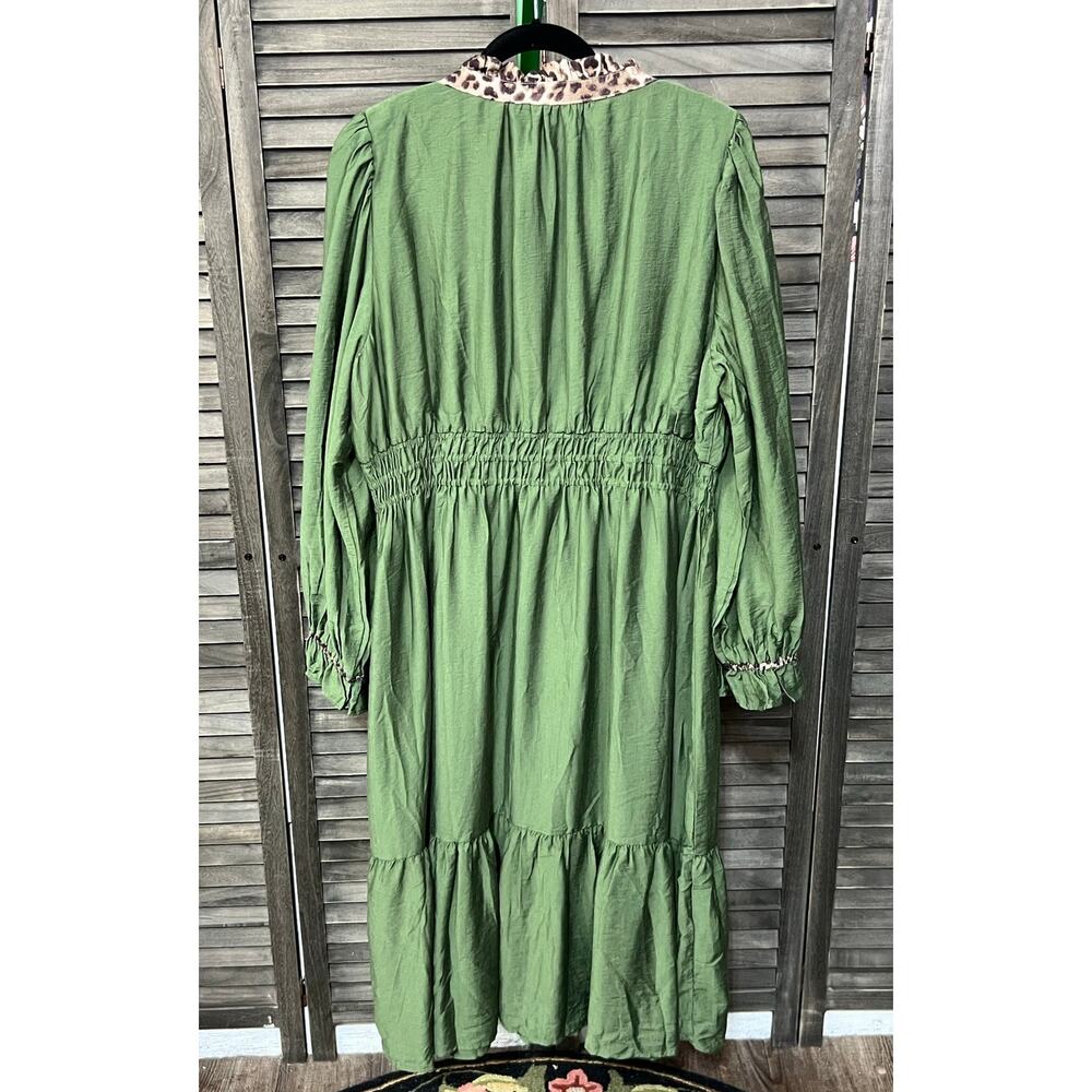 Umgee Olive Leopard Trim Midi Dress Smocked Waist Lined NWT Plus 2X - Picture 3 of 8